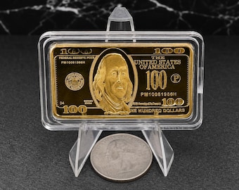 100 Dollar Bill Gold-Tone Bar Replica (Not Real Gold) - Novelty Money Collectible - Currency-Inspired Display Decor