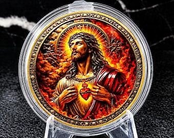 Sacred Heart of Jesus Religious Medallion - Gold Tone Christian Collectible Coin - Cross Dove Holy Bible Design - Faith Gift
