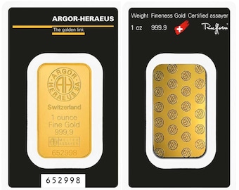 Swiss Argor-Heraeus 1oz Gold Bar Replica (Not Real Gold) – 24K Gold Plated Bullion Ingot – Collectible Photo Prop Gift