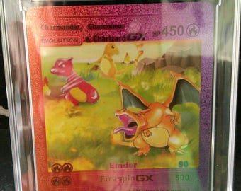 Charmander Charmeleon and Charizard GX Rainbow Foil Card - Encased Display Collectible - Prop & Coin Co.