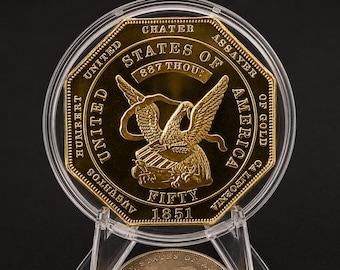 Gold Rush Coin 1851 50 Dollar California Gold Coin Replica (Not Real Gold) – Octagonal Humbert Style – Gold Rush Era Display Piece