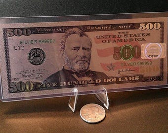 Silver Foil Collectible Note 500 Dollar Bill Replica (Not Real Currency) – Grant Design Display Piece – Sleeve Included