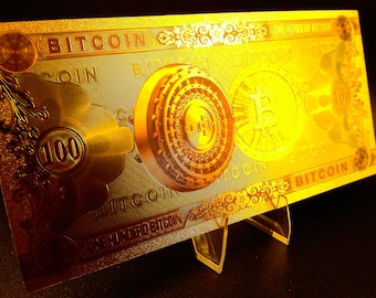 Bitcoin 100 Gold Foil Bill - 24K Gold Plated BTC Collectible Note - Novelty Crypto Souvenir - Display Decor - Gift for Bitcoin Fans