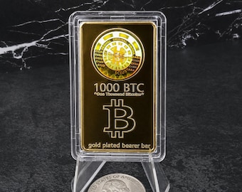 1000 BTC Gold-Tone Bitcoin Bearer Bar Replica (Not Real Gold or Crypto) - Holographic Crypto Collectible - Display Case