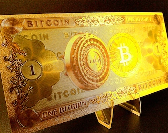 Gold Foil Bitcoin Bill - 24K Gold Plated BTC Note - Crypto Money Novelty Collectible - Desk Display Decor - Photo Prop - Gift Idea