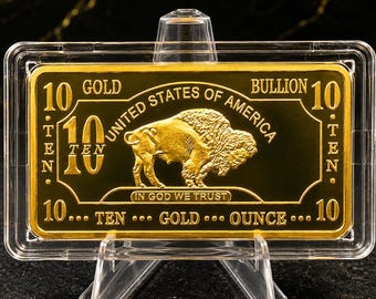 10 Gold Ounce Replica Gold Bar (Not Real Gold) - Gold Plated 1 oz Style Bullion Bar - Buffalo Collectible