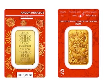 2024 Dragon Bar Argor-Heraeus 1 oz Gold Bar Replica (Not Real Gold) – 24K Gold Plated Ingot – Collectible Gift