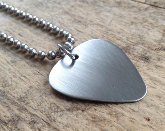 Guitar pick necklace for boyfriend. Brushed stainless steel necklace for electric guitar musician. Waterproof jewelry personalized gifts.