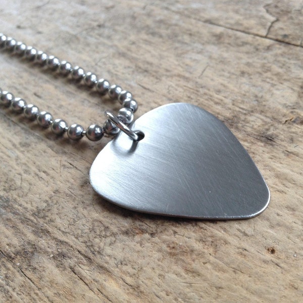 Guitar pick necklace for boyfriend. Brushed stainless steel necklace for electric guitar musician. Waterproof jewelry personalized gifts.