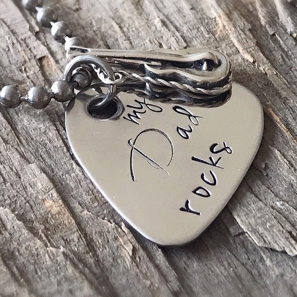 My dad rocks guitar pick necklace in stainless steel, antique copper or brass with 925 sterling silver guitar charm. Music gifts for father.