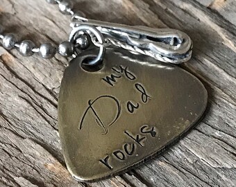 My dad rocks guitar pick necklace in antique brass, copper or stainless steel with 925 sterling silver guitar charm. Music gifts for father.