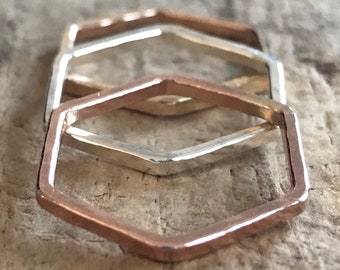 Hexagon Ring, Minimalist Ring, Honeycomb Jewelry, Geometric Ring, Stacking Rings for Women, Tricolor Ring, Boho Ring, 3 Ring Set