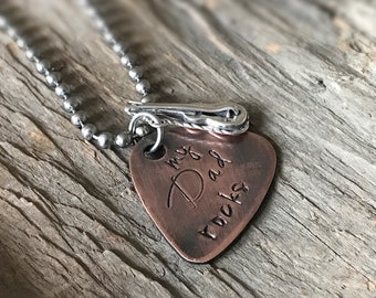 My dad rocks guitar pick necklace in antique copper, brass or stainless steel with 925 sterling silver guitar charm. Music gifts for father.