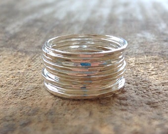 Set of 10 Stacking Rings, Sterling Silver Rings For Women, Dainty Ring Set, Hammered Ring, Boho ring set