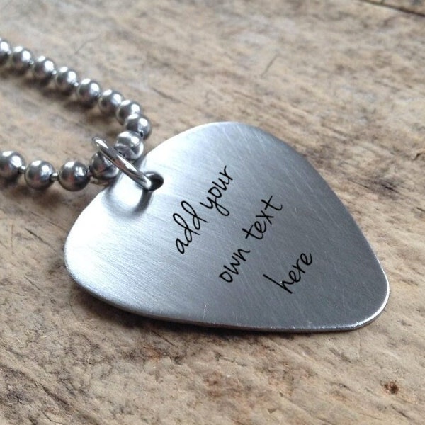 Add your own text brushed guitar pick necklace in brushed stainless steel. Necklace for electric guitar musician. Personalized musician gift