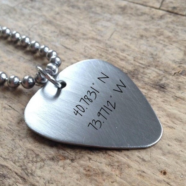 Custom coordinates guitar pick necklace in brushed stainless steel. Necklace for electric guitar musician. Personalized musician gifts.