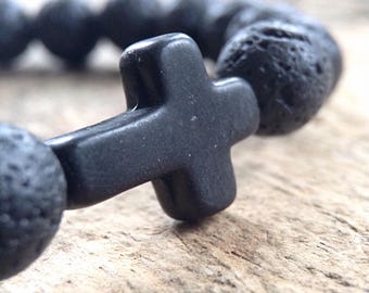 Lava rock bracelet with black cross. Christian gifts for boyfriend. Mini rosary bracelet homme. Spiritual jewelry for faith over fear. Mala