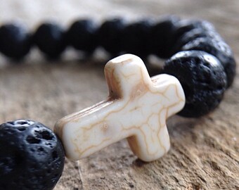 Lava rock bracelet with white cross. Christian gifts for boyfriend. Mini rosary bracelet homme. Mens jewelry for faith over fear. Spiritual.