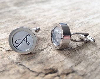 Personalized cuff links with initials. Silver monogrammed cufflinks for groomsmen gifts. Custom cufflinks for groom or best man.