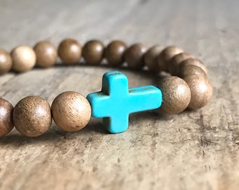 Wood bracelet with turquoise cross. Couples bracelets homme. Mindfulness gift for bible study. Teen boy gift. Christian jewelry for him