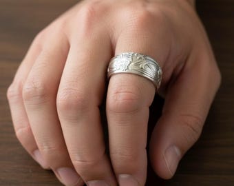 Men's Wide Band Floral Pattern Sterling Silver Ring Open Cuff