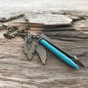 Turquoise Spike Layering Necklace in Antique Brass for Men, Arrowhead Charm, Bohemian Necklace. Boyfriend necklace.