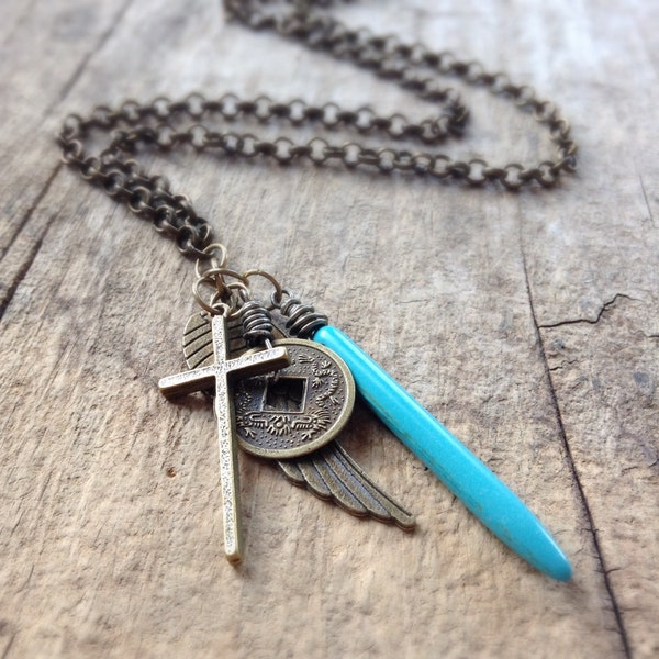 Men's Turquoise Spike Necklace, Chinese Coin, Antique Brass Charm Necklace, Gift For Him, Horn & Angel Wing, Bohemian Jewelry