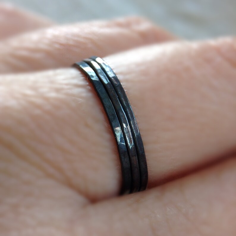 Black Ring Trio, 3 Skinny Rings, Ring Set, Thin Rings, Three Rings, Sterling Silver Stacking Ring, Bohemian Jewelry, SEMI-PERMANENT FINISH image 3