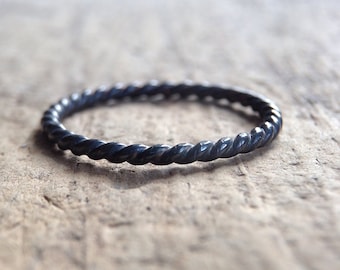 Black Silver Twist Ring. Thumb rings for women. Black Twist Ring, Sterling Silver Ring Band, Bohemian Jewelry, SEMI PERMANENT FINISH