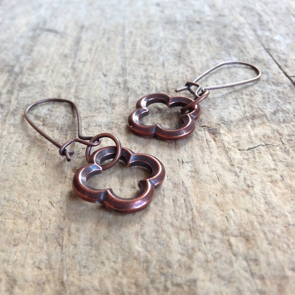 Antique copper quatrefoil earrings. Art nouveau four leaf clover. Moroccan lantern earrings. Gifts for her under 20. Bijoux ethniques.