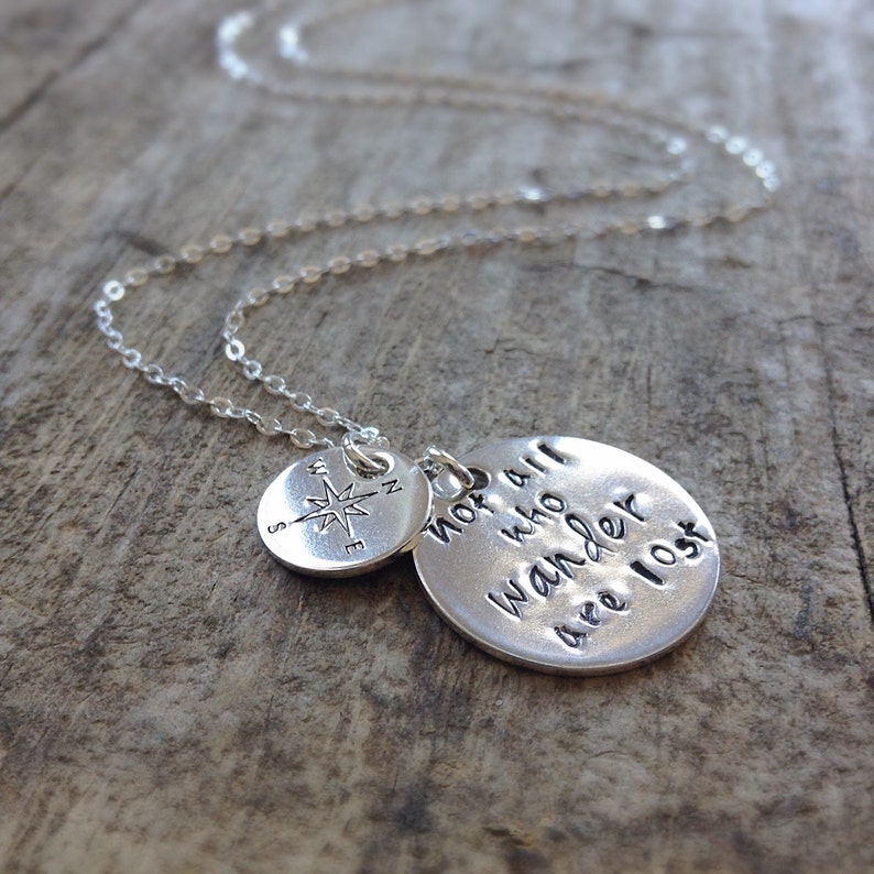 Not all who wander are lost quote jewelry. Sterling silver compass rose circle necklace. Surprise trip graduation gift for girlfriend. image 1
