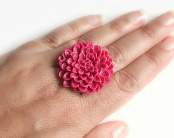 Berry Red Flower Ring Adjustable Chrysanthemum Ring - more colours available