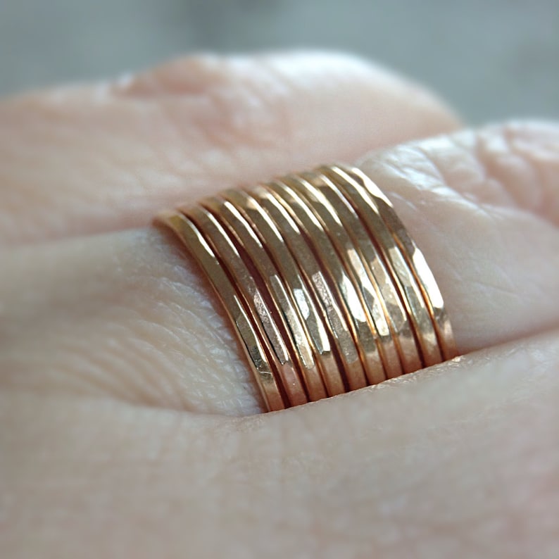 Set of 10 Thin gold ring set of 10. Dainty stacking rings in 14k gold filled. Minimalist rings for women. Skinny ring, Boho ring set image 3