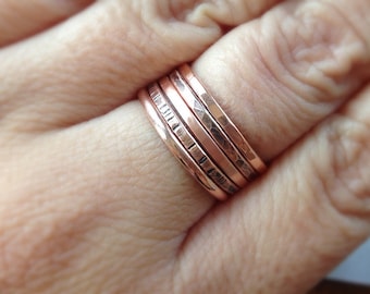 Set of 5 RAW copper Rings. Textured ring set. Rustic copper jewelry gift for her. Boho rings for women. UNSEALED. UNCOATED