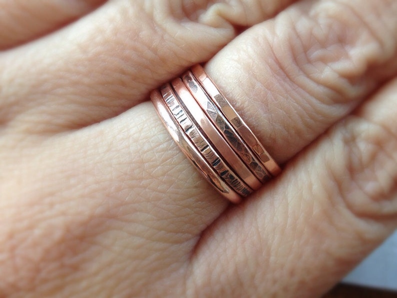 Set of 5 RAW copper Rings. Textured ring set. Rustic copper jewelry gift for her. Boho rings for women. UNSEALED. UNCOATED image 1