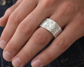 Men’s Wide Sterling Silver Plaid Textured Open Cuff Ring Cigar Band