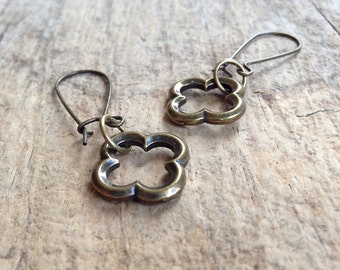 Antique Brass Quatrefoil Earrings, Dangle Earrings, Four Leaf Clover, Moroccan Earrings, Boho Earrings, Bohemian Jewelry