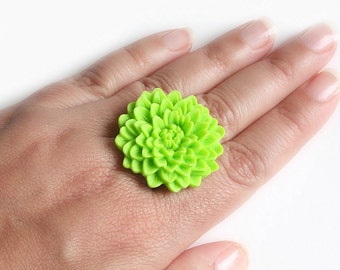 Lime Green Flower Ring Adjustable Chrysanthemum Ring - more colours available