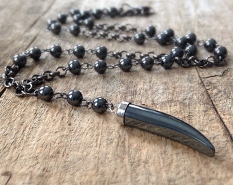 Rosary Necklace for Men, Hematite Necklace, Beaded Necklace, Gemstone Jewelry, Horn Necklace, Lariat Necklace, Y Necklace, Collier Homme