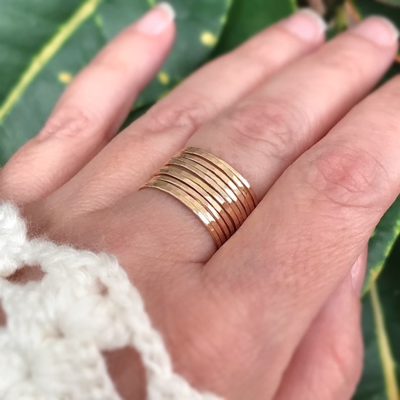 Set of 10 Thin gold ring set of 10. Dainty stacking rings in 14k gold filled. Minimalist rings for women. Skinny ring, Boho ring set image 1