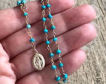 Turquoise Necklace, Beaded Necklace, Layering Dainty Delicate, Rosary Religious Jewelry, 14K Gold Fill, Miraculous Medal, Spiritual Jewelry