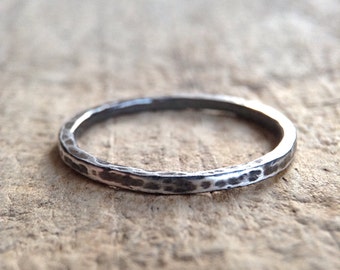 Oxidized silver ring. Unisex thumb rings with texture. Antique silver rustic wedding band. Boho hammered ring with patina., Stacking Rings