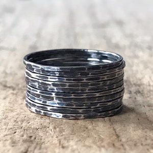 Set of 10 Oxidized silver ring, Dainty Rings, Hammered Rings, Sterling Silver Rings. Stacking Rings, Boho ring set