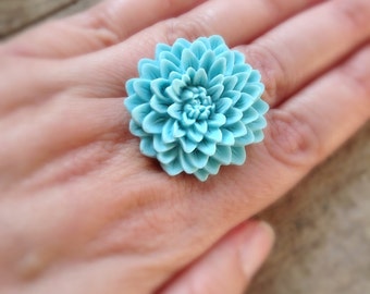 Light Blue Flower Ring Adjustable Chrysanthemum Ring - more colours available