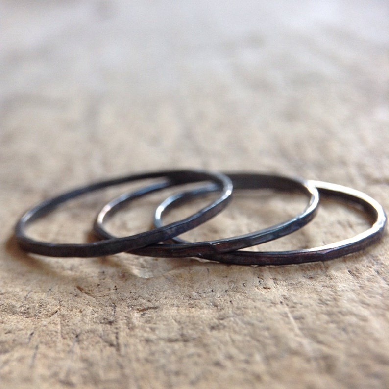 Black Ring Trio, 3 Skinny Rings, Ring Set, Thin Rings, Three Rings, Sterling Silver Stacking Ring, Bohemian Jewelry, SEMI-PERMANENT FINISH image 1
