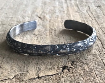 Oxidized sterling silver 3D reptilian texture open cuff bangle bracelet. 9mm Wide
