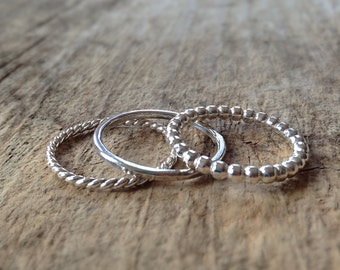 Sterling Silver Ring Set, 3 Rings, Pattern Rings, Texture Rings, Stacking Rings, Boho ring set