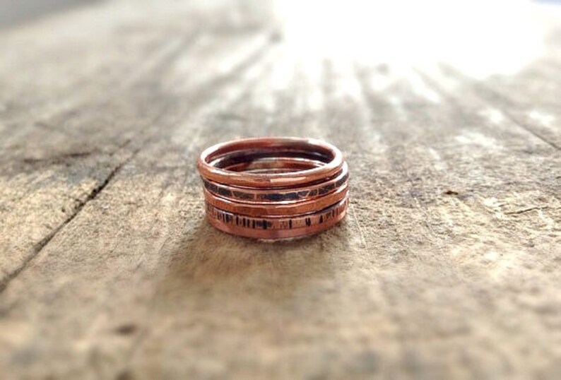 Set of 5 RAW copper Rings. Textured ring set. Rustic copper jewelry gift for her. Boho rings for women. UNSEALED. UNCOATED image 3