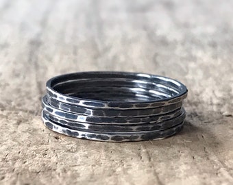 Set of 5 Oxidized silver ring. Minimalist Rings, Dainty Rings, Hammered Rings, Sterling Silver Rings Set., Stacking Rings, Boho ring set