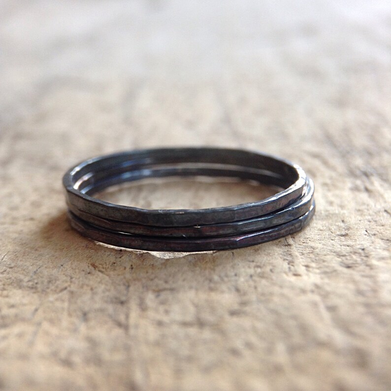 Black Ring Trio, 3 Skinny Rings, Ring Set, Thin Rings, Three Rings, Sterling Silver Stacking Ring, Bohemian Jewelry, SEMI-PERMANENT FINISH image 2
